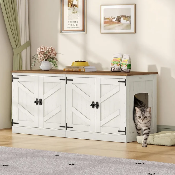 Katzenschrank für 2 Katzen, Bauernhausstil, für den Innenbereich, Holz/Stahl Vintagebraun-Weiß, 120 x 50 x 54 cm – Bild 2
