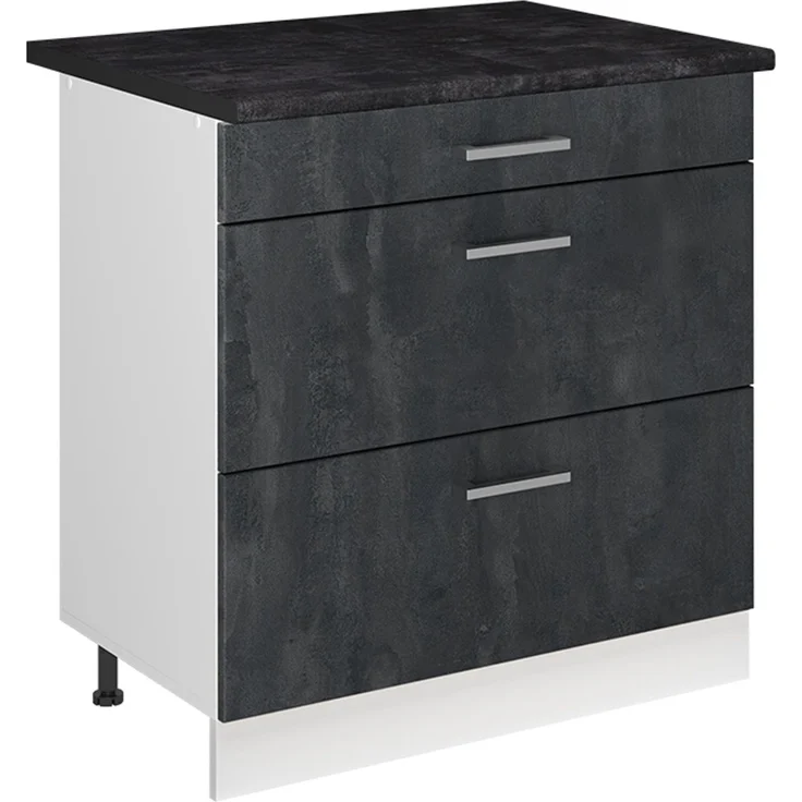 Küchenunterschrank R-Line Schwarz Beton/Weiß 80 cm mit 3 Schubladen Arbeitsplatte Anthrazit Vicco – Bild 1