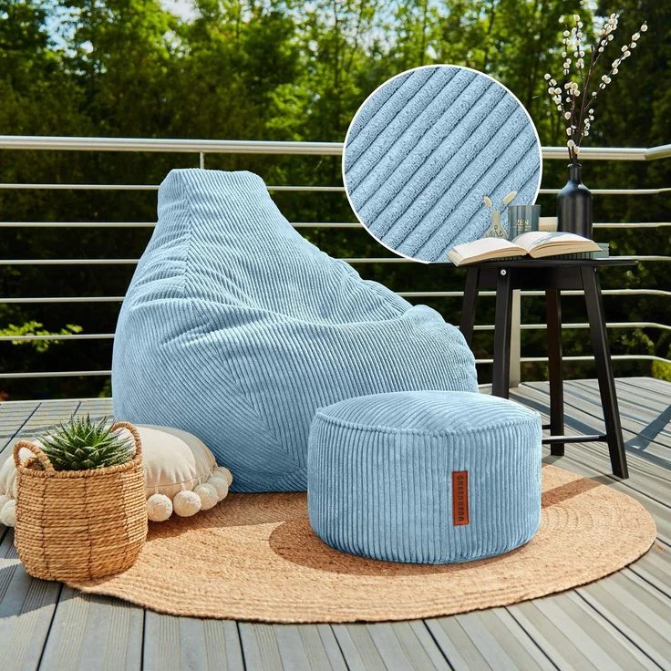 Green Bean® Sitzsack mit Hocker aus Cord - Sitzsäcke für das Wohnzimmer, Schlafzimmer, Sitzsack-Sessel für Erwachsene Hellblau – Bild 2