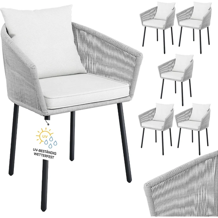 STEELSØN 'Nair' Polyrattan Gartenstuhl, 6er-Set, hellgrau, wetterfest & UV-beständig, Balkonstühle bis 160 kg belastbar, Gartensessel inkl. Kissen – Bild 1