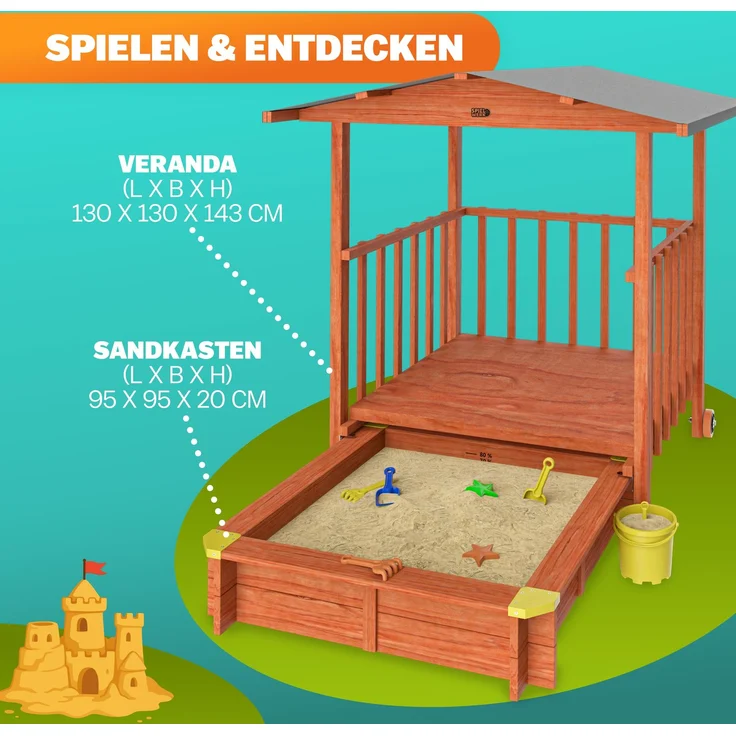 Spielwerk Sandkasten 'Merle' mit Dach und Veranda, Fichtenholz braun, 130 x 225 x 143 cm – Bild 4