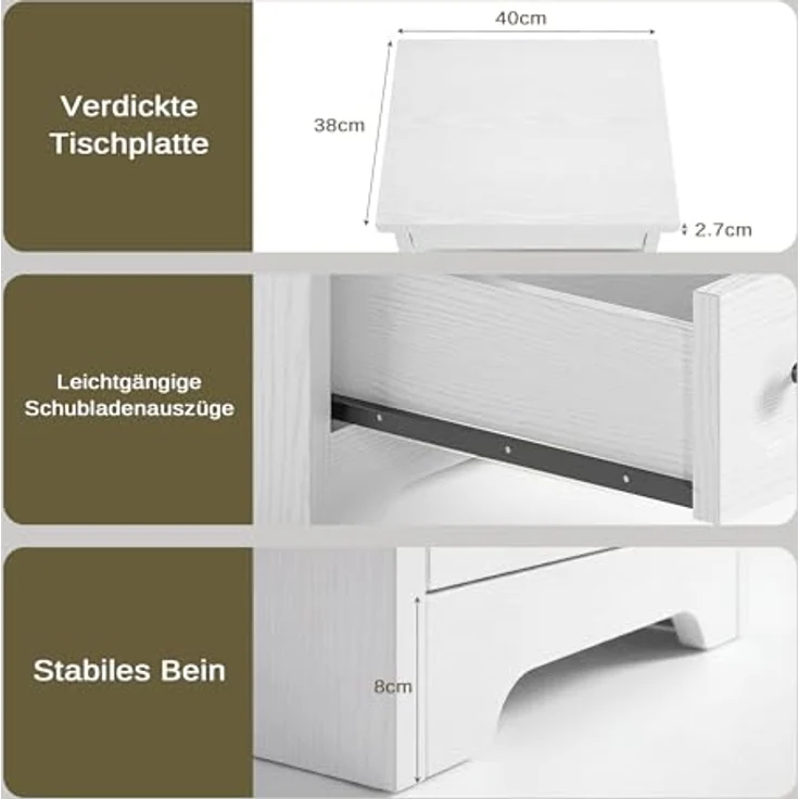 IRONCK Nachttisch 2er Set, Moderne Nachtkonsole mit 2 Schubladen, Offenem Fach, Beistelltisch mit Herausziehbarer Ablage, Holz-Nachttisch für Schlafzimmer, Wohnzimmer, Weiß – Bild 6