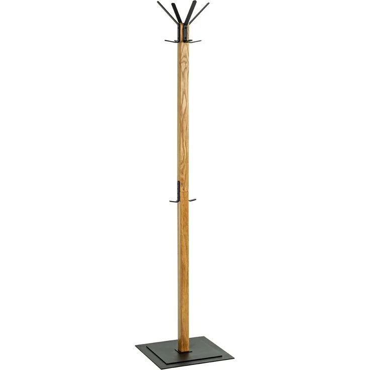 Haku Garderobenständer aus massivem Eichenholz geölt mit 10 Garderobenhaken, Fußplatte aus Metall schwarz pulverbeschichtet, 40x40x180 cm – Bild 1