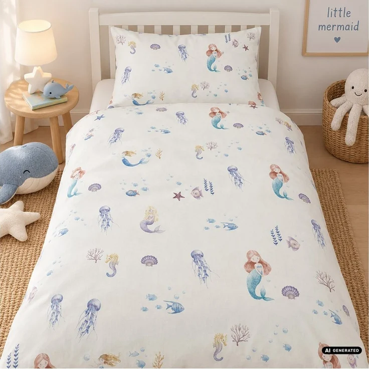 Casa Colori Bettwäsche Kinder Bettwäsche 100x135 cm, Baumwolle, 2 teilig, Kissen 40x60 cm Offwhite Meerjungfrau – Bild 1