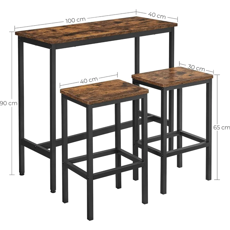 Vasagle Essgruppe, Bartisch-Set, Stehtisch (100 x 40 x 90 cm) mit 2 Barhockern (je 30 x 40 x 65 cm), Metallgestell, Industrie-Design, für Esszimmer, Wohnzimmer, vintagebraun-schwarz – Bild 5