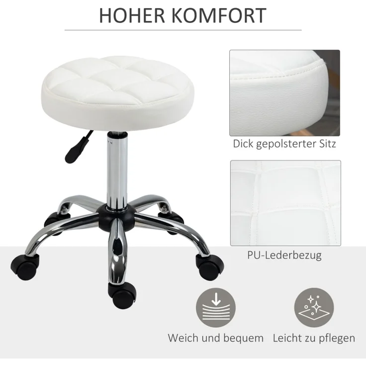 Rollhocker Höhenverstellbarer Drehbarer Arbeitshocker für Büro & Salon, Kunstleder Weiß Ø35,5 x 51-67 cm--Weiß--35.5x35.5x67cm--YOUDENOVA – Bild 3