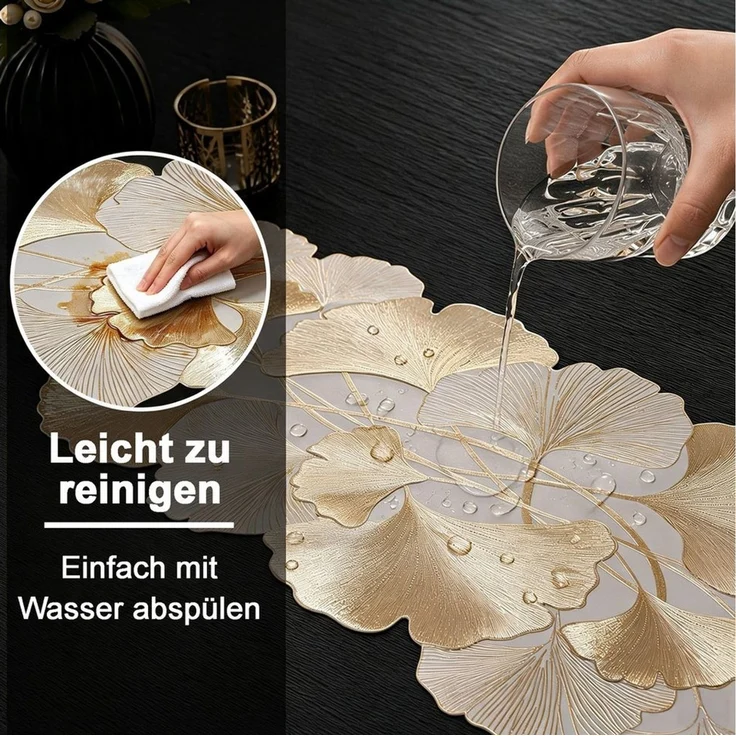 Mutig Tischläufer 5-teilig Goldfarbener Tischläufer 90 cm mit Blattmuster (Waschbare Vinyl Tischdeko 5-tlg, Hitzebeständige Tischauflage), für Hochzeit, Dinner-Party und festliche Tafel – Bild 4