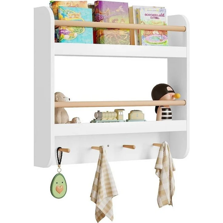 Woltu Kinderregal, 1-tlg, Bücherregal Wandregal mit 2 Ablagen 4 Hake aus MDF – Bild 4