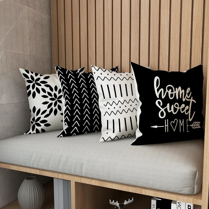 Kissenbezüge 45 × 45 cm 4er-Set Schwarz, Moderne Outdoor Leinen Dekokissen für Sofa Bett Auto – Bild 2