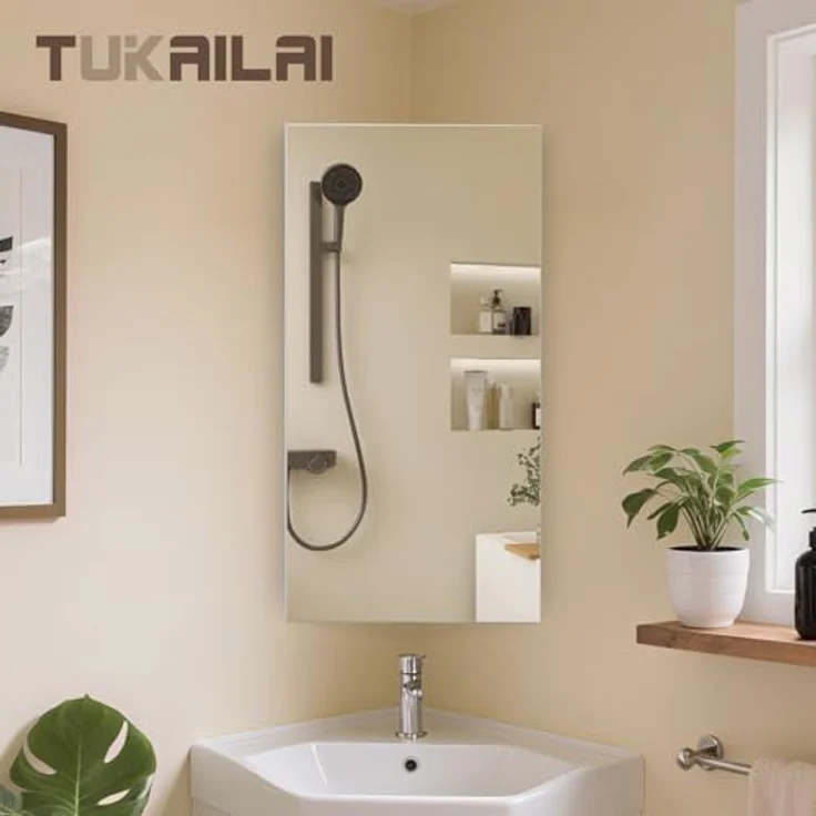 TUKAILAI Spiegelschrank Bad, Badschrank mit Spiegel mit 2 Regalebenen, Eckspiegel Badezimmerschrank, Badezimmerspiegel mit Türen, Spiegelschrank Bad mit Ablagen, Weiß – Bild 3