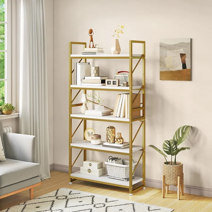YITAHOME Bücherregal mit 5 Ebenen, Großes Standregal, Holzregal und Metallrahmen, Industrieregal, Bodenstehendes Lagerregal, für Wohnzimmer, Home Office, Gold Regal – Bild 1