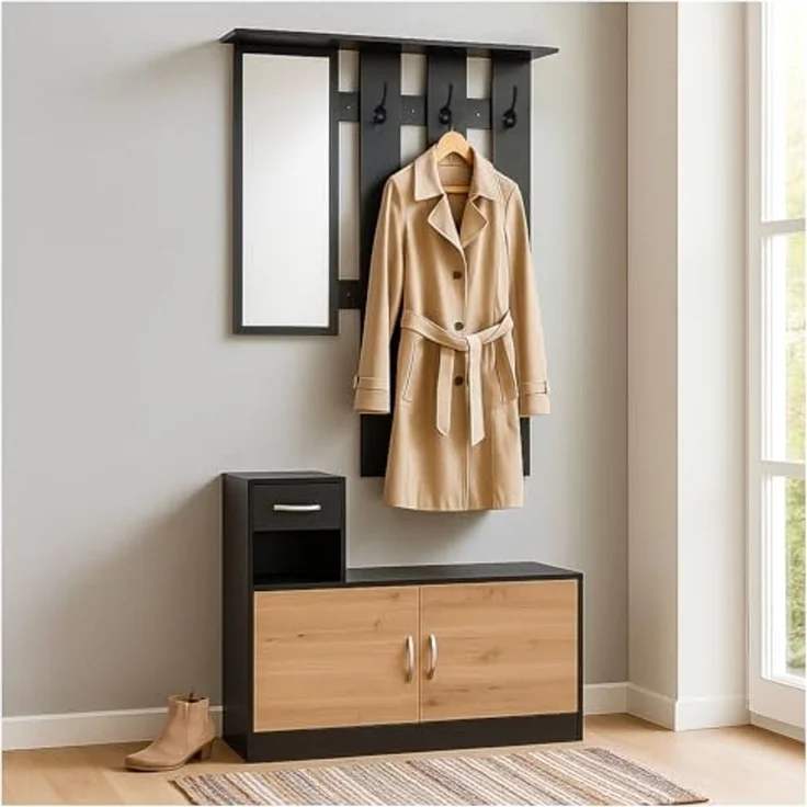 HTI-Living Garderobe Garderobenpaneel mit Spiegel und Schuhschrank Schwarz-Artisaneiche (Set, 2 St) – Bild 1