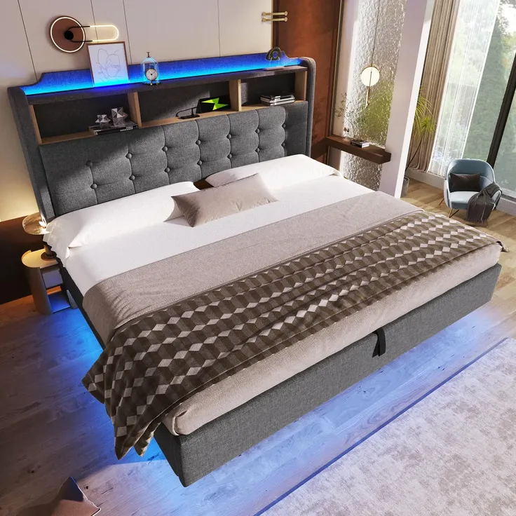 Polsterbett mit LED-Streifen, Type-C, USB und Stauraum, in schwebender Optik, gepolsterter Kopfteil, 180x200 cm, Doppelbett, Stauraumbett, Leinen – Bild 3