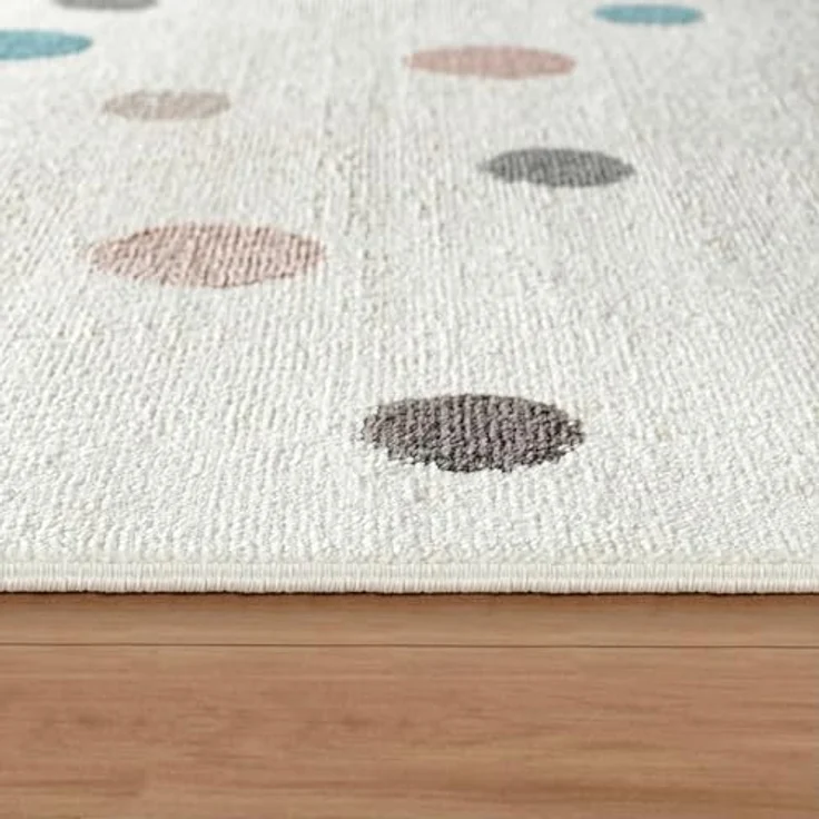 Jimri Kinderteppich DOTS l Pünktchen Gepunktet l Farbe: Beige Blau Rosa | Kinderzimmer/Jugendzimmer (Weiß, Ø 150 cm Rund) – Bild 6