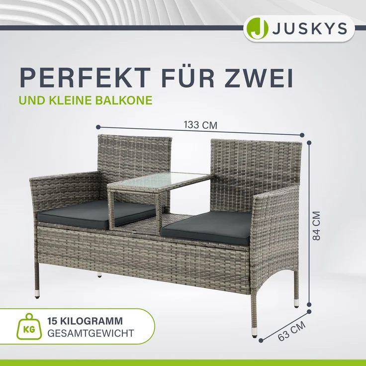 Juskys 'Monaco' 2-Sitzer Gartenbank mit Tisch und Kissen, Polyrattan grau, 133 × 63 × 84 cm – Bild 3
