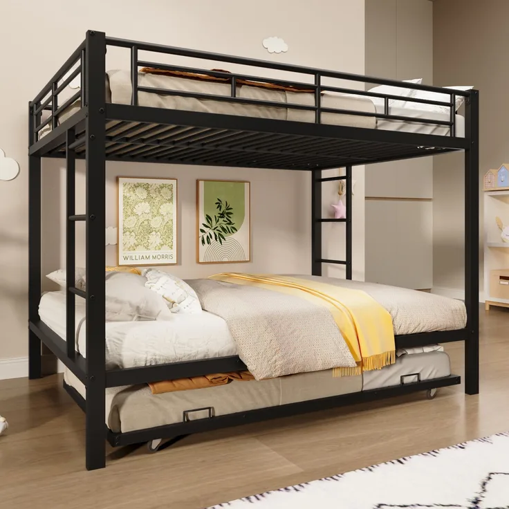 Bett 140x200 cm Etagenbett mit Ausziehbett – stabiler Eisenrahmen, hohe Geländer