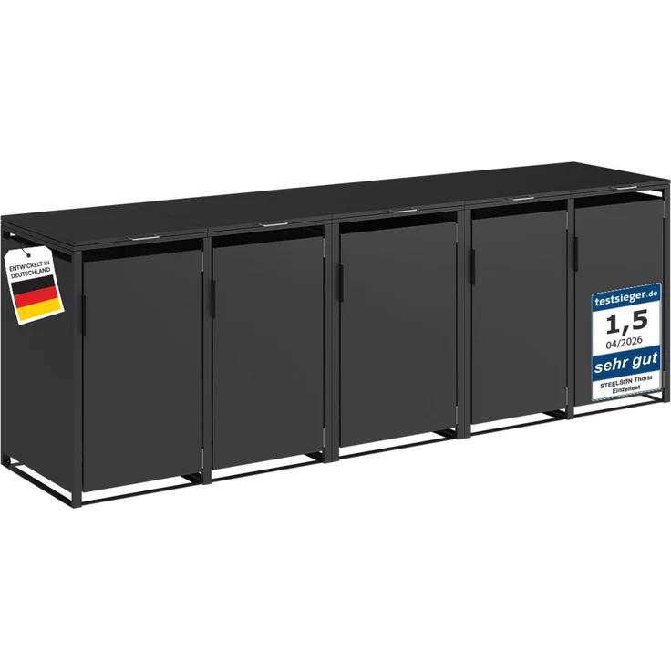 STEELSØN 'Thoria' Mülltonnenbox 5er je 240 Liter, graphitschwarz, Mülltonnenverkleidung aus Stahl, wetterfest, 116x80x332 cm, Müllbox für 5 Tonnen – Bild 13