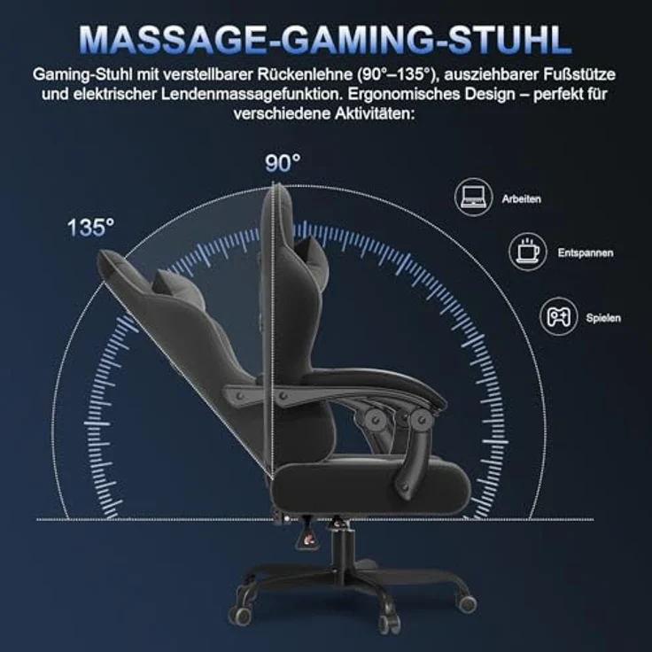 JUMMICO Gaming Stuhl mit Massagefunktion & 135° Rückenlehne, Ergonomischer Bürostuhl für Gaming und Homeoffice, Gaming Bürostuhl Belastbar bis 150 kg, Grau – Bild 5