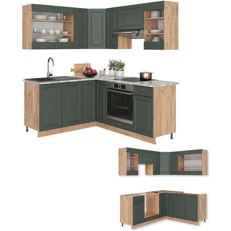 Eckküche Fame-Line Grün-Gold Landhaus/Goldkraft Eiche 190 x 160 cm ohne Arbeitsplatte Vicco – Bild 6