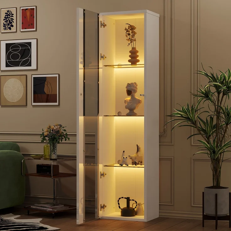 40 x 29 x 170 cm, multifunktionale Vitrine, Glasböden, LED-Farbwechselbeleuchtung, APP-Steuerung, Acrylplatte, wandmontierbar, minimalistisches Design, weiß.--Weiß--40x29x170cm--YOUDENOVA – Bild 6