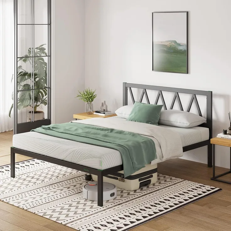 Novilla Bettgestell Metallbett 90x190 cm mit Lattenrost Metallrahmenbett Bettgestell mit Kopfteil-Design Ehebett Gästebett Schwarz
