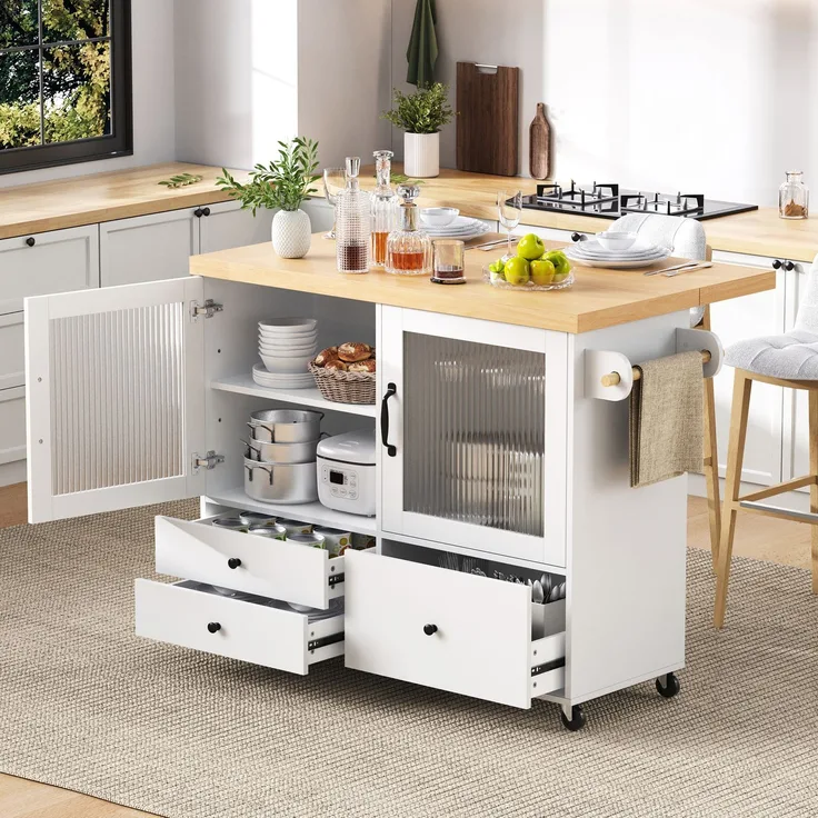 Merax Kücheninsel mit Rollen und ausziehbarem Esstisch, Küchenwagen mit Weinglashalter und Stauraum, Ideal für Küche und Esszimmer (Weiß)