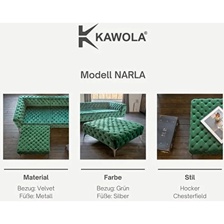 KAWOLA Hocker NARLA Chesterfield Velvet grün 44 x 110110 x 110 cm – Bild 2