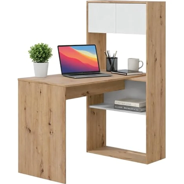 Dmora - Riverside-Schreibtisch, multifunktionaler umkehrbarer Eckschreibtisch mit Bücherregal, Arbeits- oder Bürotisch mit mehreren Positionen, 108 x 70 x 140 cm, weiße und geknotete Eiche – Bild 4