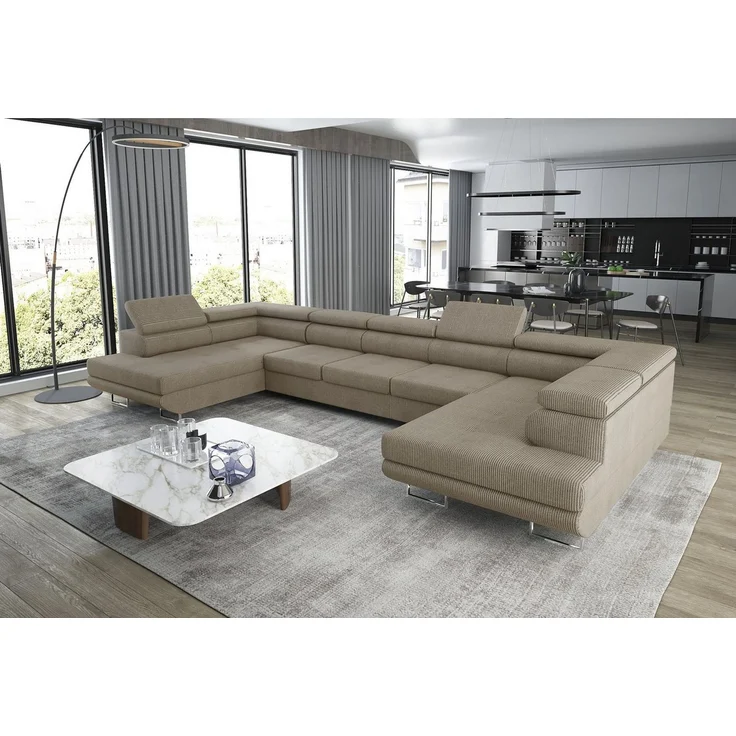 thematys Ecksofa Aston U 403 x 203 cm, mit Schlaffunktion, mit Bettkasten, mit verstellbaren Kopfstützen, Beige (Poso 02), Ausrichtung 390 cm – Bild 1