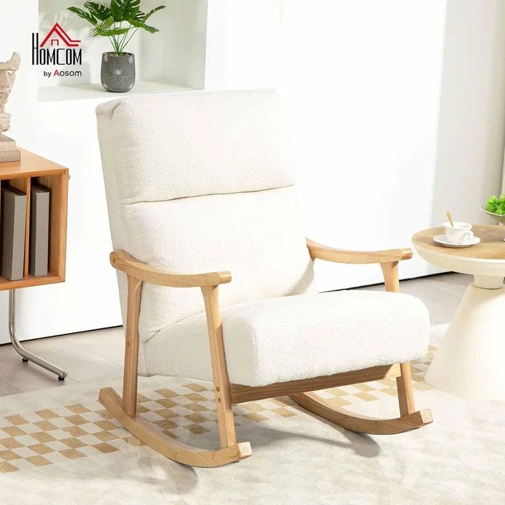 HOMCOM Schaukelstuhl ergonomisch, mit Samtoptik (Schwingsessel, 1 St), bis 120 kg belastbar, für Schlafzimmer, Wohnzimmer, Cremeweiß – Bild 2