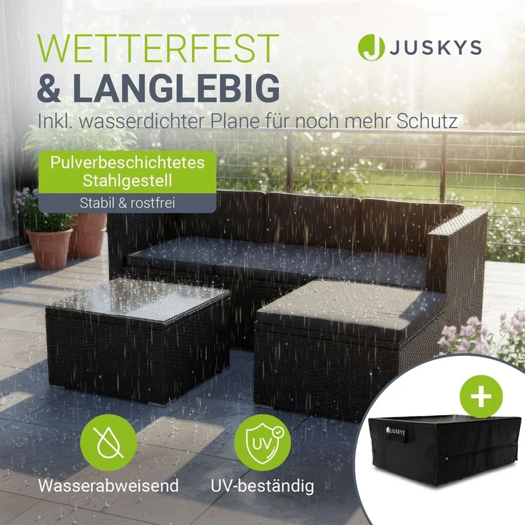 Juskys Polyrattan Lounge Punta Cana M schwarz inkl. Abdeckung – Gartenlounge für 3-4 Personen – Sitzgruppe mit Sofa, Tisch & Hocker - Sitzbezüge Dunkelgrau – Bild 2