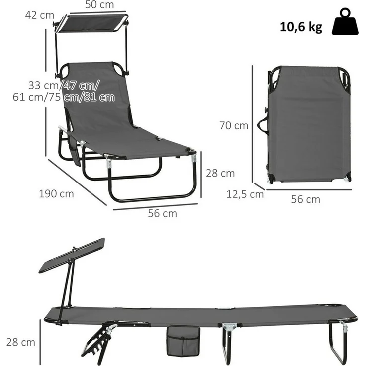 Outsunny Gartenliege mit Sonnendach, 5-Fach höhenverstellbarer Rückenlehne, Gartenliege, 2 St, Sonnenliege, für Pool, Strand Dunkelgrau – Bild 2