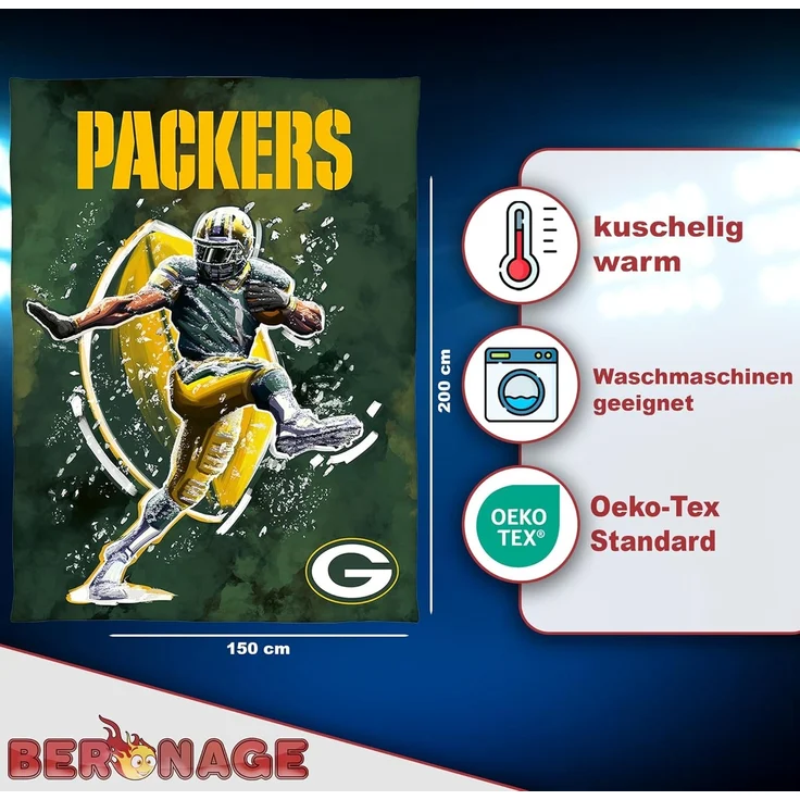 Wohndecke NFL Green Bay Packers Decke 150x200 cm Wellsoft Kuscheldecke Wohndecke, BERONAGE, passend zur Bettwäsche, ideal für Sofa, Couch, Bett, Auto, Camping – Bild 2