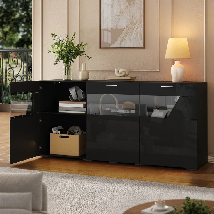 ZUBALIYA Sideboard 160x38x78 cm, mit LED-Beleuchtung, Hochglanz, mit 3 Türen, aus Spanplatte, Schwarz – Bild 6