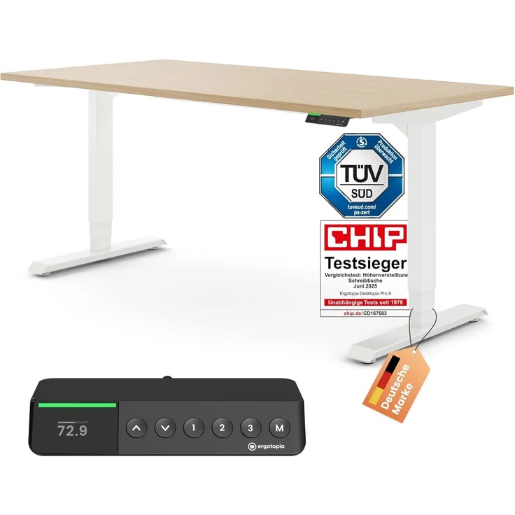 Desktopia Pro X - Elektrisch höhenverstellbarer Schreibtisch / Ergonomischer Tisch mit Memory-Funktion, Ahorn, Gestell Weiß, 180x80 cm – Bild 1