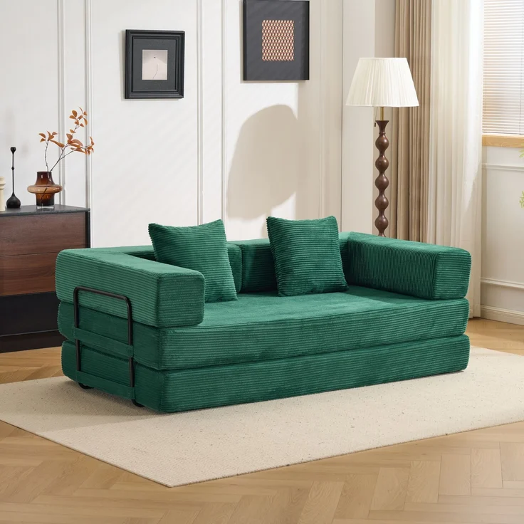 Bodensofa, Kompressionssofa, Schlafsofa mit Kissen, Rückenlehne und Armlehnen, bequemes Futon-Schlafsofa, Cordstoff, für Wohn- und Schlafzimmer, Dunkelgrün--Dunkelgrün--185x92.5x60cm--YOUDENOVA – Bild 1
