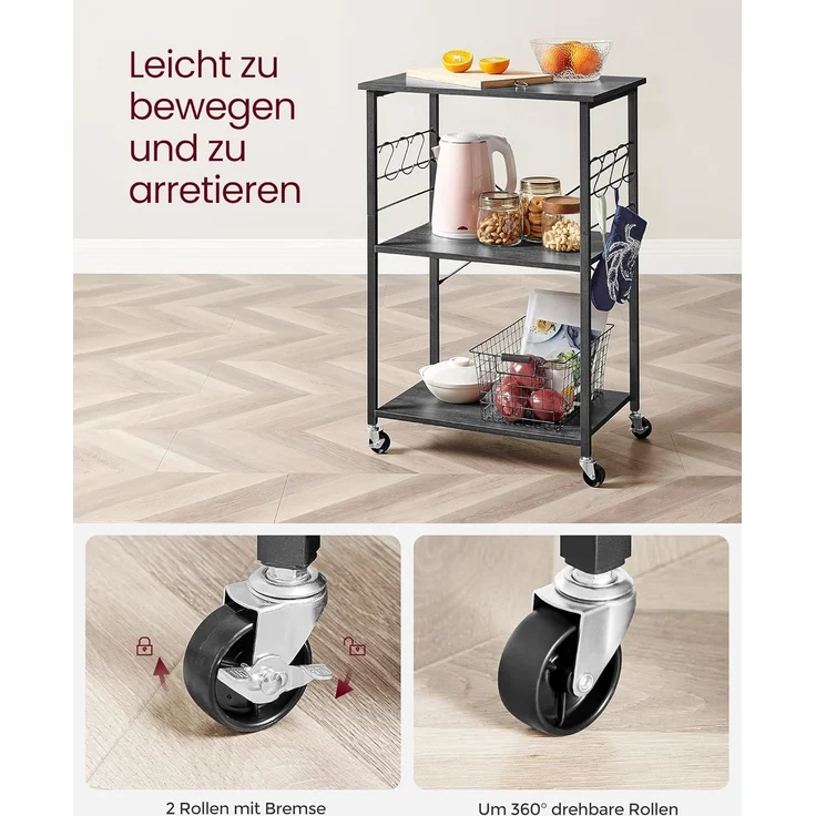 Songmics 'Vasagle' Servierwagen mit 3 Regalböden, Metall, ebenholzfarben-schwarz, 40 x 60 x 89 cm – Bild 7