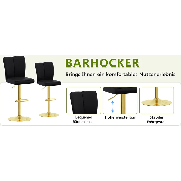 Höhenverstellbarer Barhocker im 2er-Set, 360° drehbar. Luxuriöser Barhocker im Schwarz-Gold-Design aus wasserabweisendem PU-Leder, geeignet für Kücheninseln. Verschiedene Farben erhältlich.--Schwarz + Gold--37x44x44.5cm--YOUDENOVA – Bild 3
