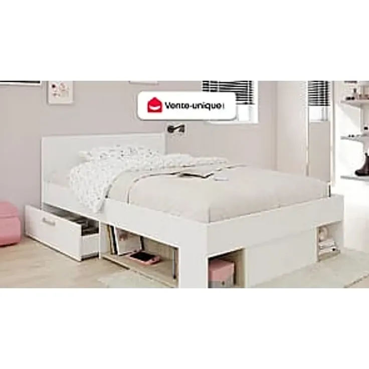 Vente-unique - KINSELIA Bett Holz, Platte BeigeWeiß - B 203,4 cm x H 76 cm x L 124 cm – Bild 2