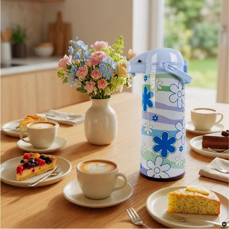 EUROHOME Pump-Isolierkanne EUROHOME Airpot Isolierkanne 1,9L – Thermoskanne Flowers, 1,9 l, (Pumpkanne 1,9l), Vielseitige Isolierkanne für Kaffee, Tee und mehr – Bild 4