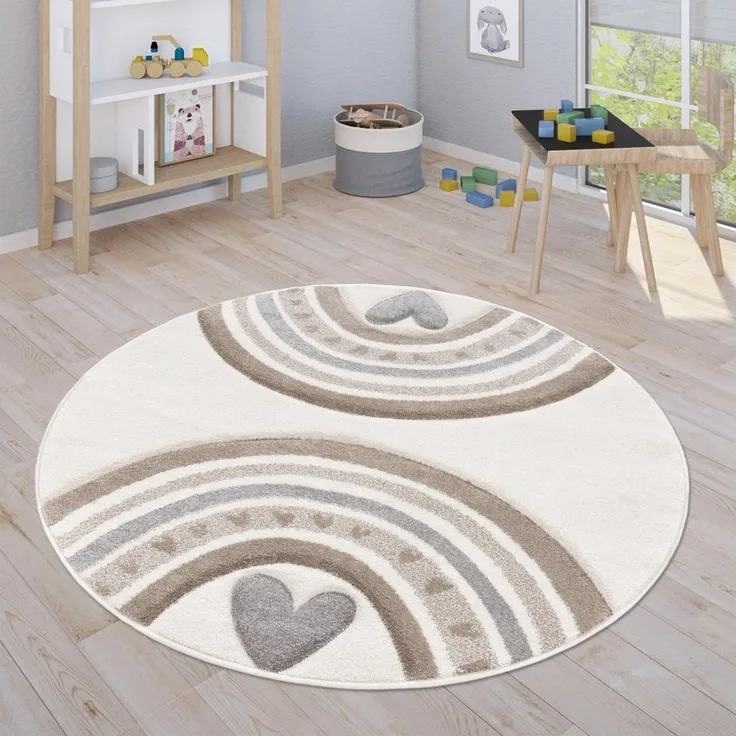 Paco Home Kinderteppich Cosmos 351, rund, Höhe: 16 mm, Kurzflor, Spielteppich, Motiv Regenbogen & Herz, Kinderzimmer