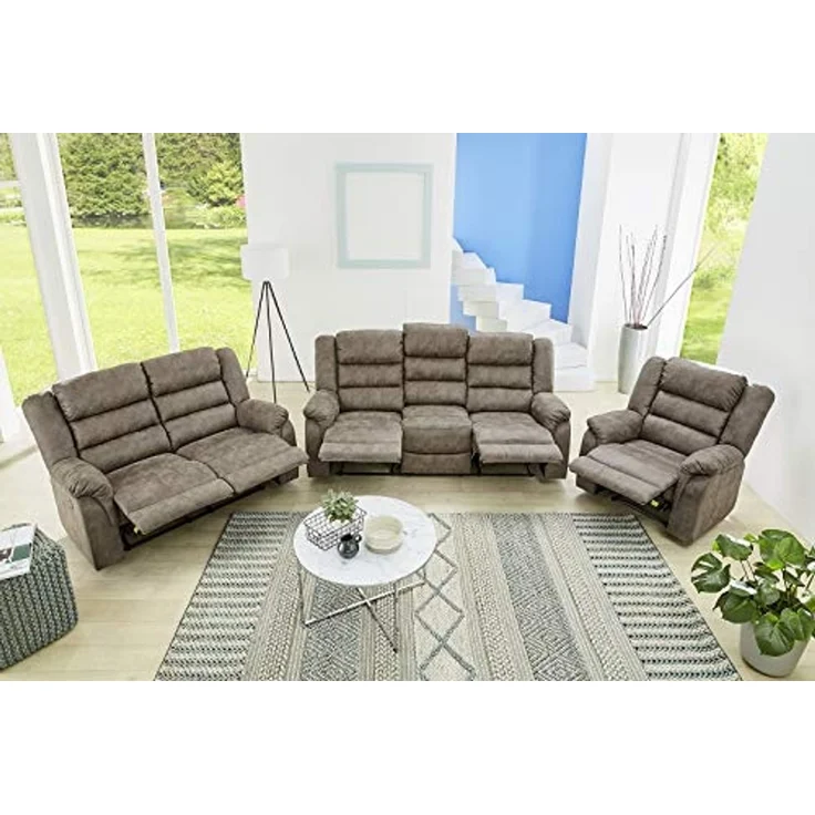 3-Sitzer-Relaxsofa Couch Liegefunktion Federkernpolster Stoff Vintage Graubraun – Bild 7