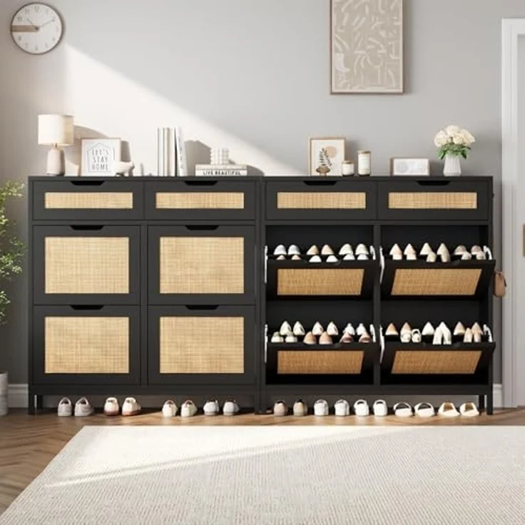 Jocoevol Schuhschrank aus Rattan, Schuhregal mit 4 Klappfächern und 2 Schubladen, Schmaler Schuhkipper mit Metallbeinen, für Diele & Flur & Eingangsbereich, Schwarz – Bild 5