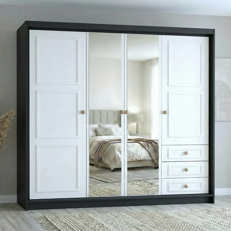 Drehtürenschrank OSLO viertüriger Kleiderschrank mit Schubladen und Metallgriffen – Bild 1