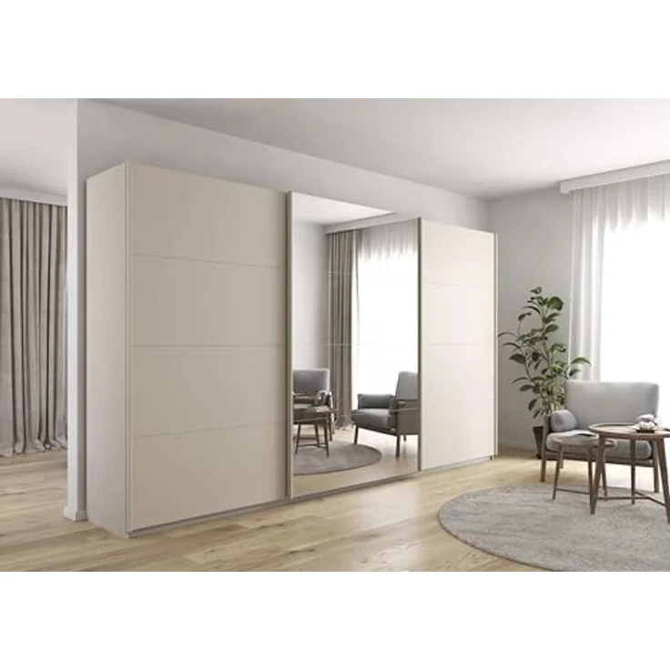 Rauch Möbel Kulmbach, Kleiderschrank mit Schwebetüren für Schlafzimmer, Kinderzimmer, Jugendzimmer, Garderobe, Flur, 3-türig, mit Spiegel, Zubehör Basic, Farbe Beige, Breite 360 cm – Bild 2