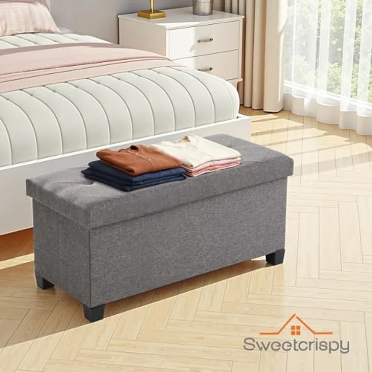 Sweetcrispy Sitzbank mit Stauraum, Sitzbank mit Beinen, 76 x 38 x 38 cm, Klappbare Sitztruhe Sitzhocker, Aufbewahrungsbox mit Deckel, bis 300 kg belastbar, für Wohnzimmer Schlafzimmer Flur, Dunkelgrau – Bild 7