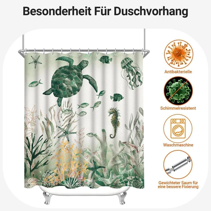 Duschvorhang 240x200cm Meeresschildkröte Antischimmel Textil Ösen Badewanne – Bild 7
