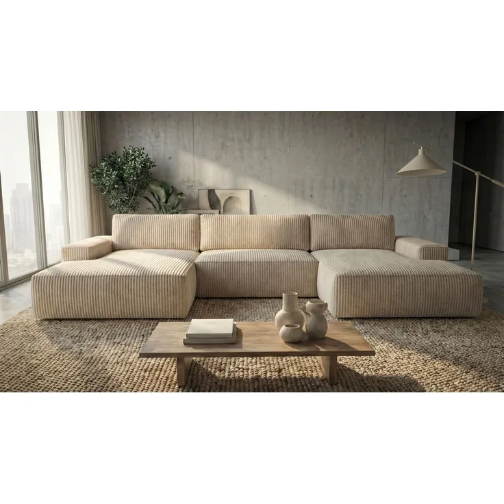 Ecksofa EINAR 362x170 cm mit Schlaffunktion, Bonellfederkern und Bettkasten, Farbe: Beige