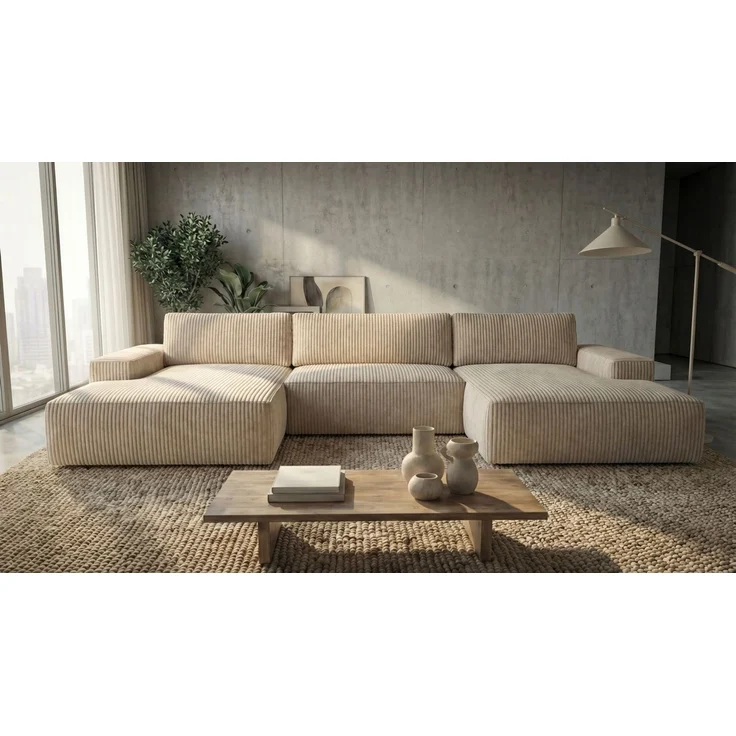 Ecksofa EINAR 362x170 cm mit Schlaffunktion, Bonellfederkern und Bettkasten, Farbe: Beige – Bild 1
