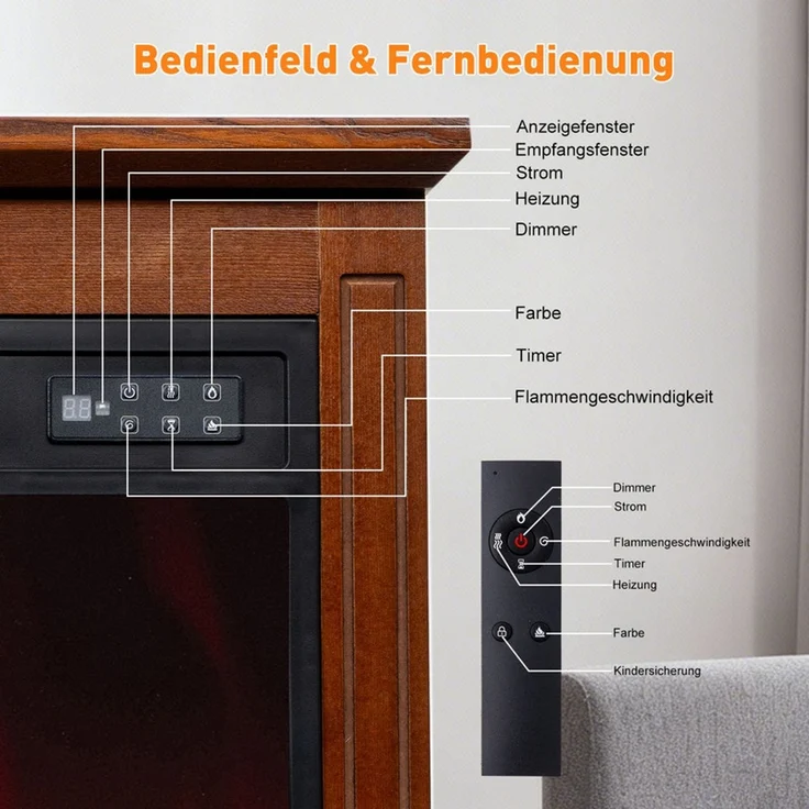HOMAVO Elektrokamin mit Schrank, 18''/23'' Elektrokamin mit Heizung, 3D-Flammeneffekt, Fernbedienung, Timer(18'') – Bild 8